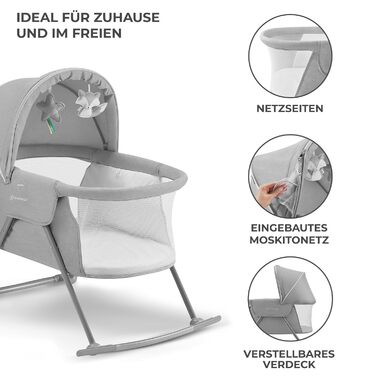 Kinderkraft 3-in-1 Crib LOVI, Travel Crib, Moses Basket, Baby Bassinet, Baby Bouncer, Foldable, Easy Transport, with Accessories, Bag, Mosquito Net, from Birth to 9 kg, Grey Grey Single