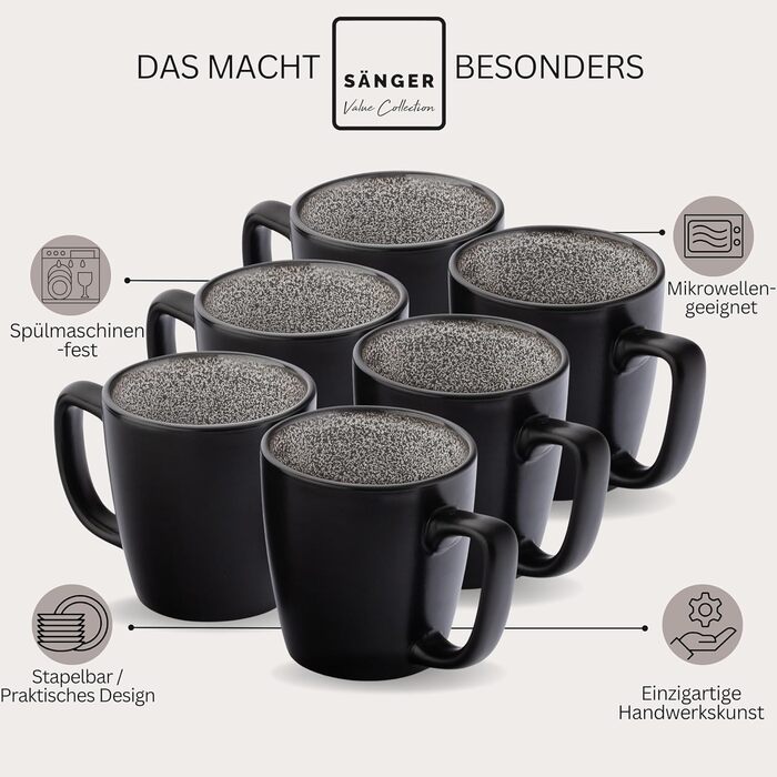 Набір кавових чашок SÄNGER Luxor (6 шт.) з кераміки, 360 мл, для кави та чаю, темно-коричневого кольору, стійкі до миття в посудомийній машині та мікрохвильовій печі