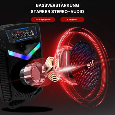 Pyle PA Bluetooth Гучномовець – Караоке Машина з Мікрофоном, 400W, Музична Система, Partybox, Акумуляторний, 8” Сабвуфер, 1” Твітер, Функція Запису, Підсвічування, USB/SD-Радіо