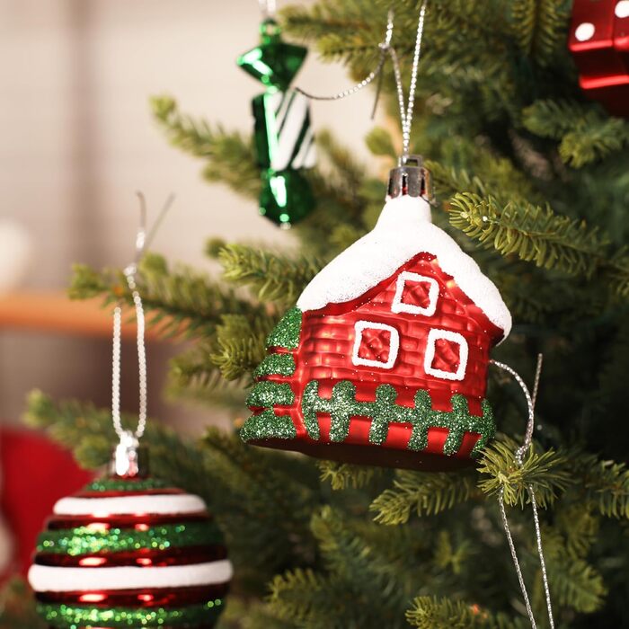 Набір прикрас на ялинку Shareconn 65 шт. з пластику, міцні ялинкові кулі з мотузкою, різного розміру та дизайну, декор для ялинки, червоний та білий (червоний, зелений, білий)