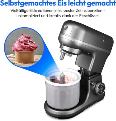 Кухонна машина MEDION MD18430: 3-в-1 (міксер, м'ясорубка, тістоміс), 5 л чаша з нержавіючої сталі, 1200 Вт, цифровий дисплей, чаша для льоду, титан