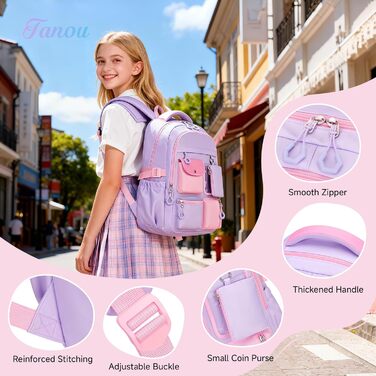 Шкільний рюкзак Tanou для дівчаток: великий, з тканини Oxford, з багатьма відділеннями (фіолетово-рожевий)