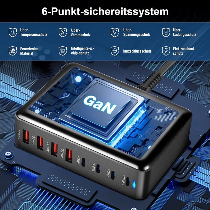 Зарядний пристрій USB C 320W, 8 портів: швидка зарядка USB-A та USB-C, PD PPS 100W для MacBook, iPad, Samsung