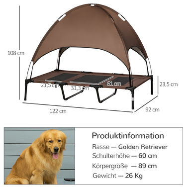 PawHut Pet Bed with Canopy, Elevated Dog Bed Outdoor, Breathable, Sateen Fabric, Coffee, 122x92x108 cm, ideal for dogs