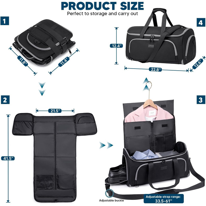 Suit Bag, Garment Bag Travel Duffel for Suits, Convertible Garment Duffel Bag for Men and Women, 4 in 1 Suit Bag Hanging Bag with Shoe Bag (Black)
