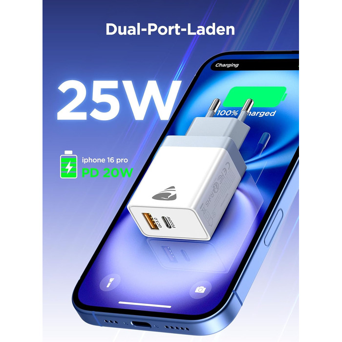 Зарядний пристрій USB C з двома портами, 20W, PD 3.0, Power Adapter з кабелем USB C - USB C 2м, для iPhone, Samsung та інших смартфонів, білий