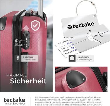 Набір валіз Tectake® 4 шт. з ваговою та ідентифікатором, 360° колеса, жорсткий корпус із замком, велика валіза, вкладна, ручна валіза - Бордовий