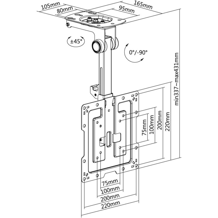 Кронштейн для телевізора Premium CM422M на похилу стелю до 43 дюймів, регульований кут нахилу до 105°, VESA 200x200, вантажопідйомність до 20 кг