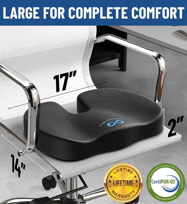 Подушка для сидіння Everlasting Comfort Ergonomic: Memory Foam для офісу, авто та дому. Ергономічна подушка на офісний стілець та автокрісло, знімний чохол, нековзна основа (з чорним гелем).