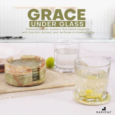 Radical Undercoasters for Drinks, Marble, 8.9 cm, Handmade, for Cups and Glasses, Coaster Set for Kitchen, Car, Office, White, 6-Piece Set (Green Onyx)