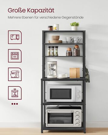 Стелаж кухонний VASAGLE, підлоговий, для мікрохвильової печі, 6 полиць, 6 гачків, сталевий каркас, рустикальний стиль, 40 x 60 x 167 см, золотий дуб + білий, KKS024W09