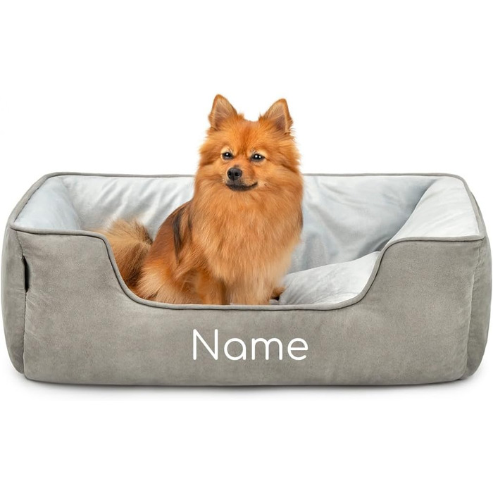 Ліжко для собак Lionto 2-в-1 з комфортним входом, м'яке лежання для домашніх тварин, підходить для собак та котів, 80x60 см, подушка для собак з легкою у догляді оксамитовою обробкою, сірий колір (Д 80 x Ш 60 x В 26 см (з нанесенням імені), Темно-сірий/Св