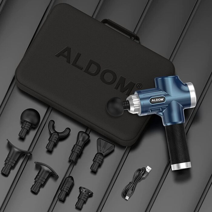 ALDOM Electric Massage Gun - Muscle Therapy Device with 30 Speed Settings & 8 Attachments - Blue