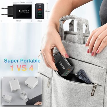 Зарядний пристрій Acezeek USB-C 35W 4-порти + 2x USB-C кабелі 60W 6.6ft для Samsung, LG, Google Pixel, планшетів (Чорний)