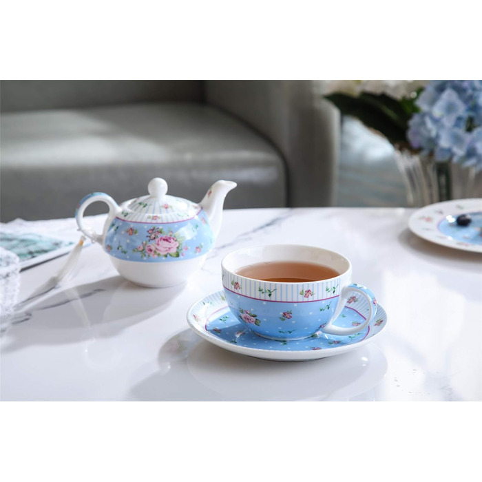 London Boutique Teapot and Cup, Vintage, Viktoria, Porcelain, in Gift Box, Ceramic, 15x15cm (Blue)