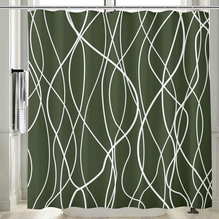 Шторка для душу M&W Design з поліестеру, з лініями, антигрибкова, водовідштовхувальна, біла, 180x200 см, з 12 гачками