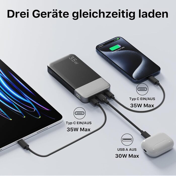 Power Bank Nobis 35W 10000mAh з цифровим дисплеєм, 2 USB-C, 1 USB-A (Чорний)