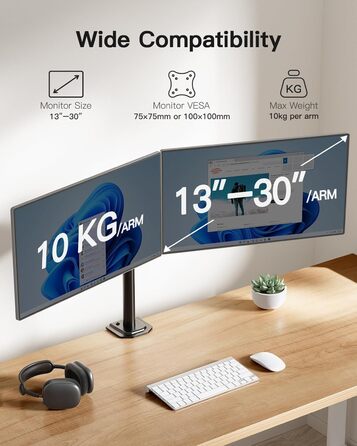 Кріплення для монітора HUANUO для 2 моніторів, 13-30 дюймів, геймерське, регулювання висоти, нахил, поворот, 10 кг/arm, VESA 75/100