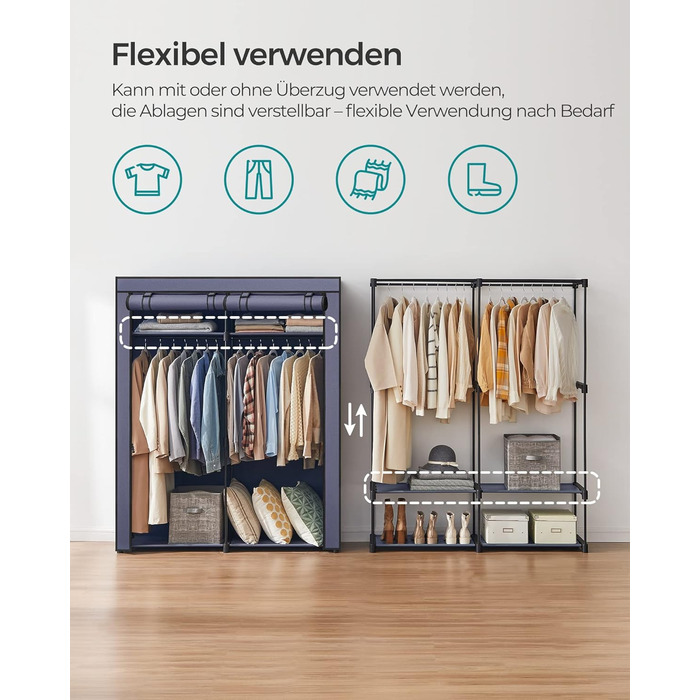 SONGMICS Storage Cabinet, Portable, with Hanging Rod, Folding, Wardrobe, Bedroom, Office, 140 x 43 x 174 cm, RYG02GY (Dark Blue)