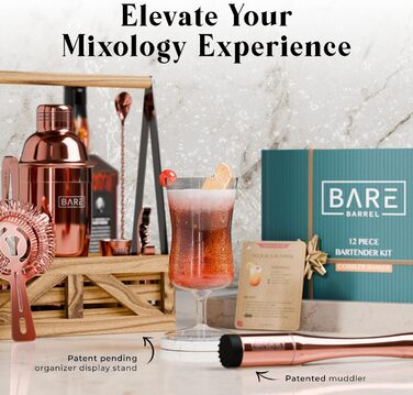 Набір бармена для приготування коктейлів Rose Gold 24oz: 12 предметів, дерев'яний підставник, рецепти, професійний барний аксесуар