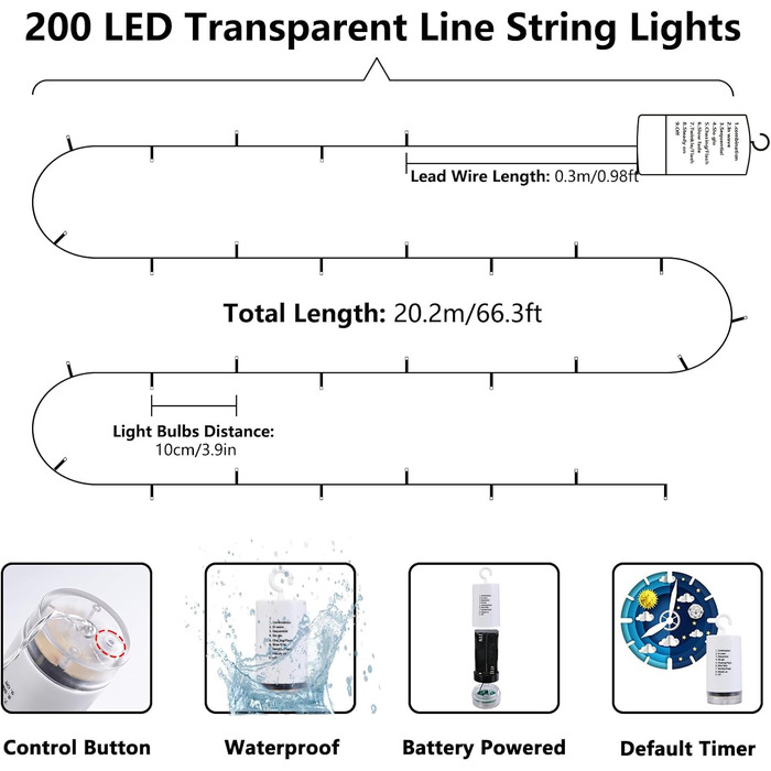 Льохтерна гірлянда Joomer на 20 метрів, 200 LED, тепле світло, таймер, 8 режимів, для прикраси ялинки, балкона, кімнати, вечірки, весілля, фестивалю, вологостійка