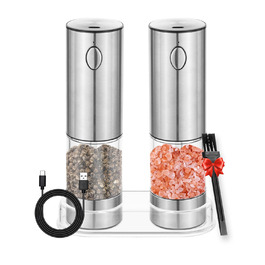 Електричний набір для солі та перцю з зарядною станцією, об'єм 110 мл, перезаряджувана солянка з 5 рівнями, керамічна млинка з щіткою (2 шт.)