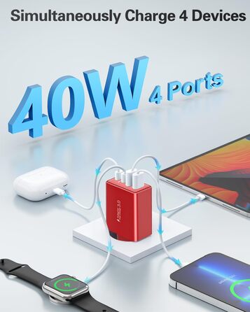 Мережевий адаптер USB C 40W з 4 портами, швидка зарядка, універсальний зарядний пристрій для iPhone, iPad, Samsung та інших телефонів (білий/червоний)
