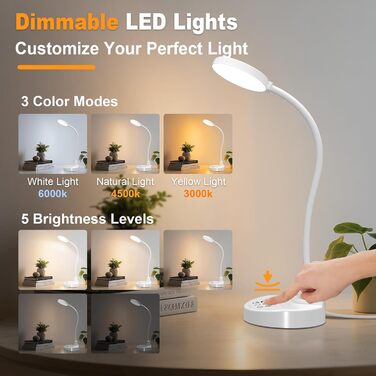 LED лампа настільна 15W з USB-A та USB-C – диммування, 3 колірні температури, 5 рівнів яскравості, таймер, гнусий 360° шийка, захист очей, для офісу та спальні (біла, 3.5 дюйма)