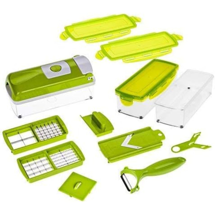 Genius Nicer Dicer Smart - набір для нарізки овочів та фруктів, 13 частин | Овочевий, цибулевий, фрутовий нарізник | Нарізання, кубики, соломка, стружка, чистка, зберігання | Мандоліна, мультиінструмент | Новий, 22.2 x 10 x 8.2 см, кольору ківі