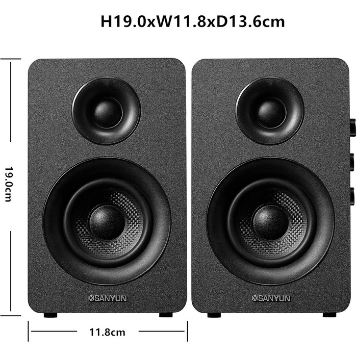 Sanyun SW208: Активні Bluetooth 5.0 колонки на полицю, 60W, вуфер з карбону, вбудований 24-бітний ЦАП, 3D-звук, 2.0 для ПК/монітора (пара, чорний)