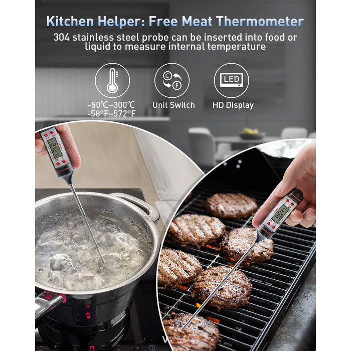 Інфрачервоний термометр Eventek -50°C до 600°C з лазером, регульована випромінювальна здатність, цифровий, LCD дисплей. Для гриля, піци, кухні, промисловості (чорний з аксесуарами 3 в 1)