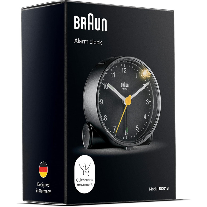 Braun Classic Analog Alarm Clock with Snooze Function and Light, Silent Quartz Movement, Crescendo Alarm in Black, Model BC01B.