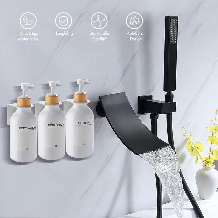 Wall-Mounted Soap Dispenser Set (No Drilling Required), 3-Pack 500ml Soap Dispenser, Wall Shampoo Dispenser, Shower Dispenser, Dish Soap Dispenser, Shampoo Dispenser for Kitchen, Bathroom (White)