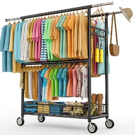 Стійка для одягу Bomclap з великою вантажопідйомністю, з колесами, висувна, з 3 перекладинами, 8 гачками та полицею, міцна, до 160 кг (чорна)