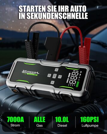 Powerbank VoltSurge 7000A з компресором та функцією запуску двигуна, 160PSI, для автомобілів (бензин та дизель до 10л), 12V, з LED-ліхтариком