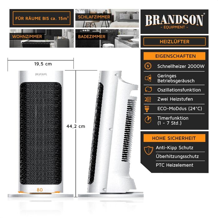 Керамічний обігрівач Brandson з дистанційним керуванням, тихий, для ванної кімнати, 2 режими нагріву, функція осциляції, підвищена безпека, білий, модель 2024