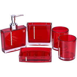 5-Piece Bathroom Accessories Set includes emulsion bottle, toothbrush holder, 2 rinsing cups, soap dish, plastic gift bath set, white (Red)