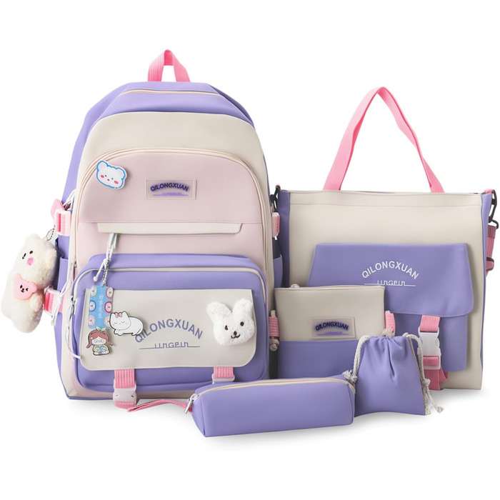 Набір шкільних рюкзаків IvyH 5-ти частинний: рюкзак, пенал, сумка для підручників, нагрудна сумка, сумка для покупок. Для дівчаток 3-7 класів. Рожевий колір.