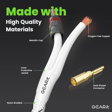 Акустичний кабель GEARit OFC 2 x 2,5 мм² (14 AWG), 1.8м, Hi-Fi аудіо кабель для колонок з позолоченими банановими роз'ємами, білий