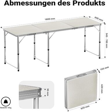 Складаний туристичний стіл 180x60x70 см з регулюванням висоти, алюмінієвий каркас, стільниця МДФ, багатофункціональний, для кемпінгу, саду, дачі