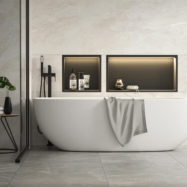 Stainless Steel Corner Shower with LED Strip Lighting, 60 cm x 30 cm, Waterproof - No Tiles Required, Bathroom Storage, Niche, Matte Black