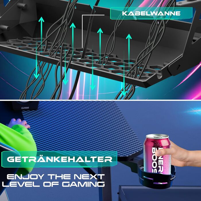 Ігровий стіл KESSER Gaming Z-подібний, 160x60 см, з карбоновим покриттям, підставкою для напоїв та гачком для навушників, чорний