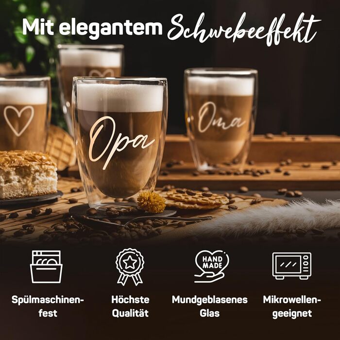 Набір склянок для лате макіато з подвійними стінками [4 шт.] | Склянки з серцем | 350 мл | Для кави, чаю, капучино | Подарунковий набір для бабусі та дідуся