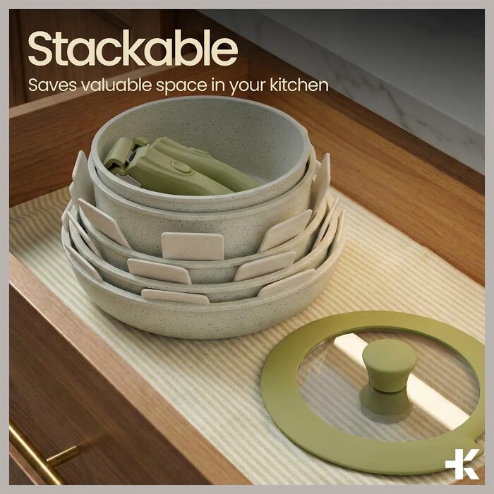 Набір посуду Bakken 15 предметів з антипригарним покриттям та знімними ручками – гранітні каструлі та сковороди, що складаються одна в одну, придатні для посудомийної машини та духовки, сумісні з усіма типами плит – зелено-кремовий
