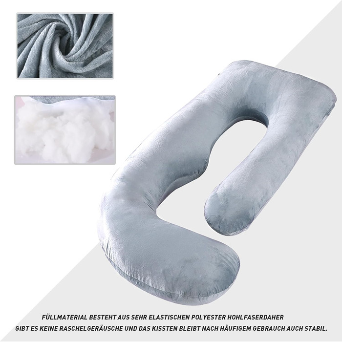 Подушка для вагітних CALIYO J-подібної форми, XXL, для сну на боці, з бавовняною підкладкою (180x70 см, блакитно-сіра)