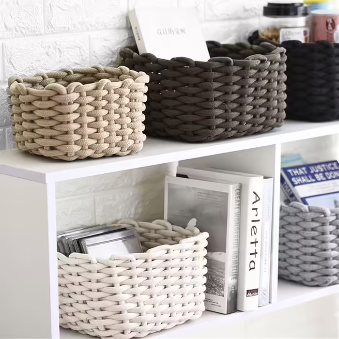 Icegrey Storage Basket Cotton Knit Basket Decorative Natural Rectangular Waterproof Storage Boxes Organizers for Nursery, Bedroom, Living Room (Black, Small)