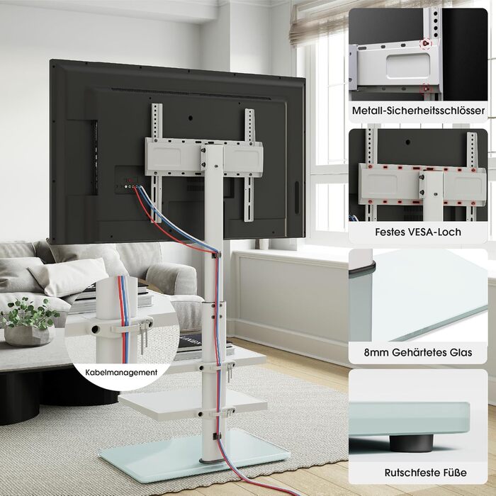 AOKCOS TV Stand for 32-70 inch Flat & Curved TVs - Adjustable Height, Swivel, Tilt, 3-Tier Shelves, VESA 400x400, Up to 40kg (White)