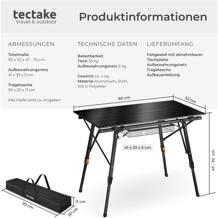 Стіл для кемпінгу Tectake®: розкладний, легкий, з Алюмінію, 90x52 см, чорний
