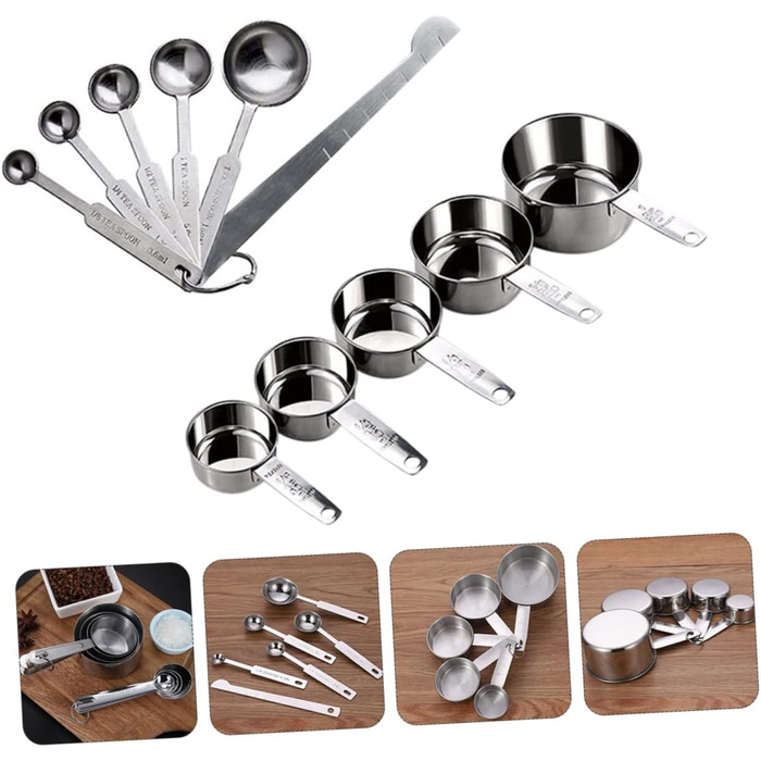 2 Measuring spoons, baking, kitchen machine, cookware, kitchenware, cookrings, saucer, kitchen scales, measuring cup, measuring spoons (scaled, graduated), stainless steel, silver.