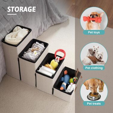 Pet Stairs for Small Dogs with Storage, Dog Stairs Folding for Bed Couch, Dog Stairs Dog Ramp with Non-Slip Bottom, Leak-Proof, Up to 80kg, 33x84x45cm, 4 Steps, Leopard